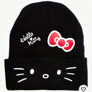 Hello Kitty Rib Knit Black Beanie with White Lettering And Red Bow.